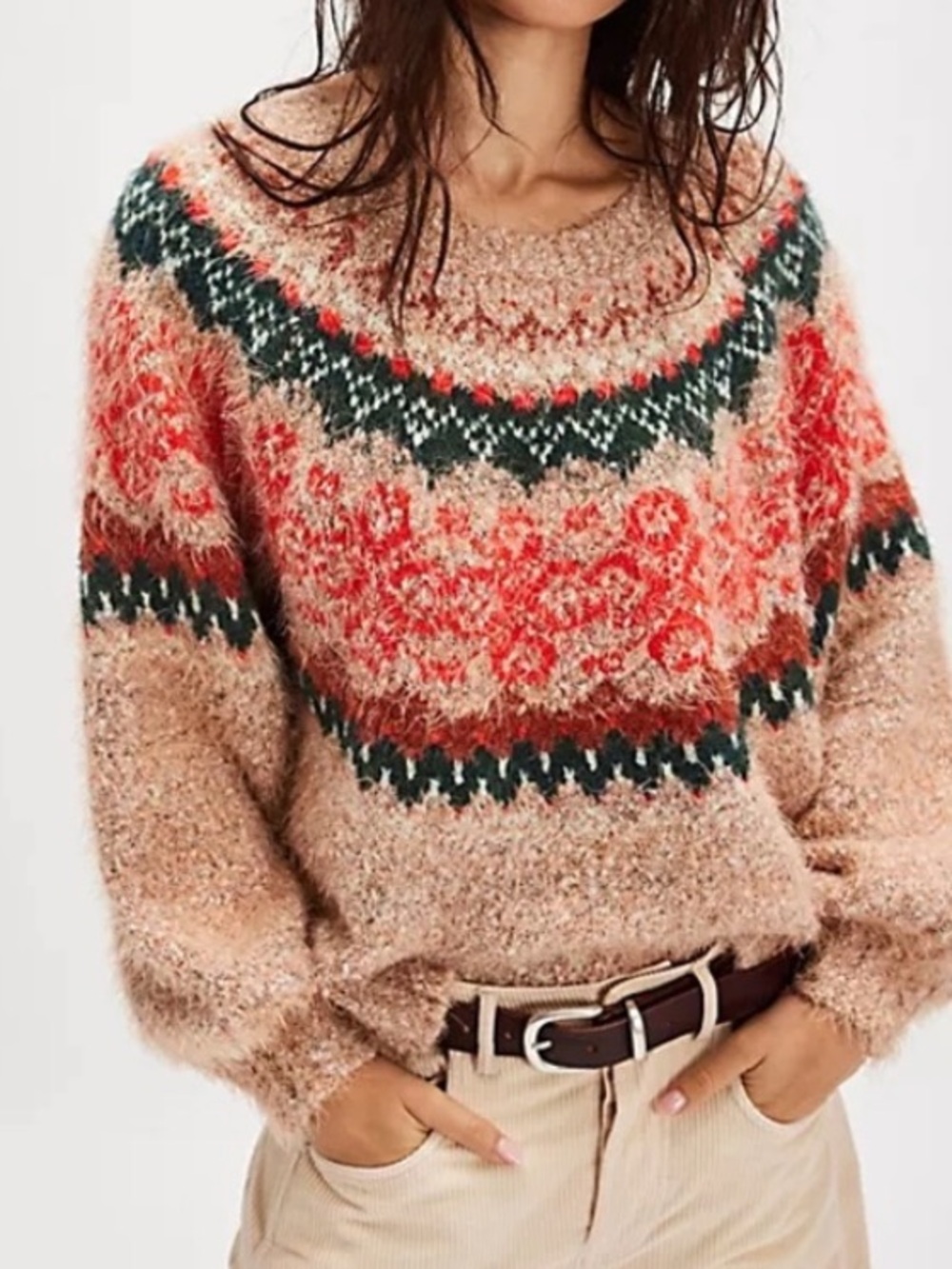 Free People Festive Frost Orange & Cream Size Small Sweater